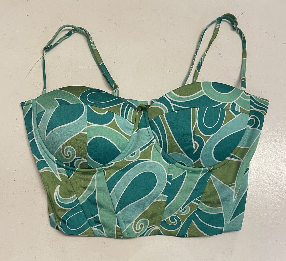 Women Green Satin Bustier Crop Top Corset Abstract Paisley Size Large